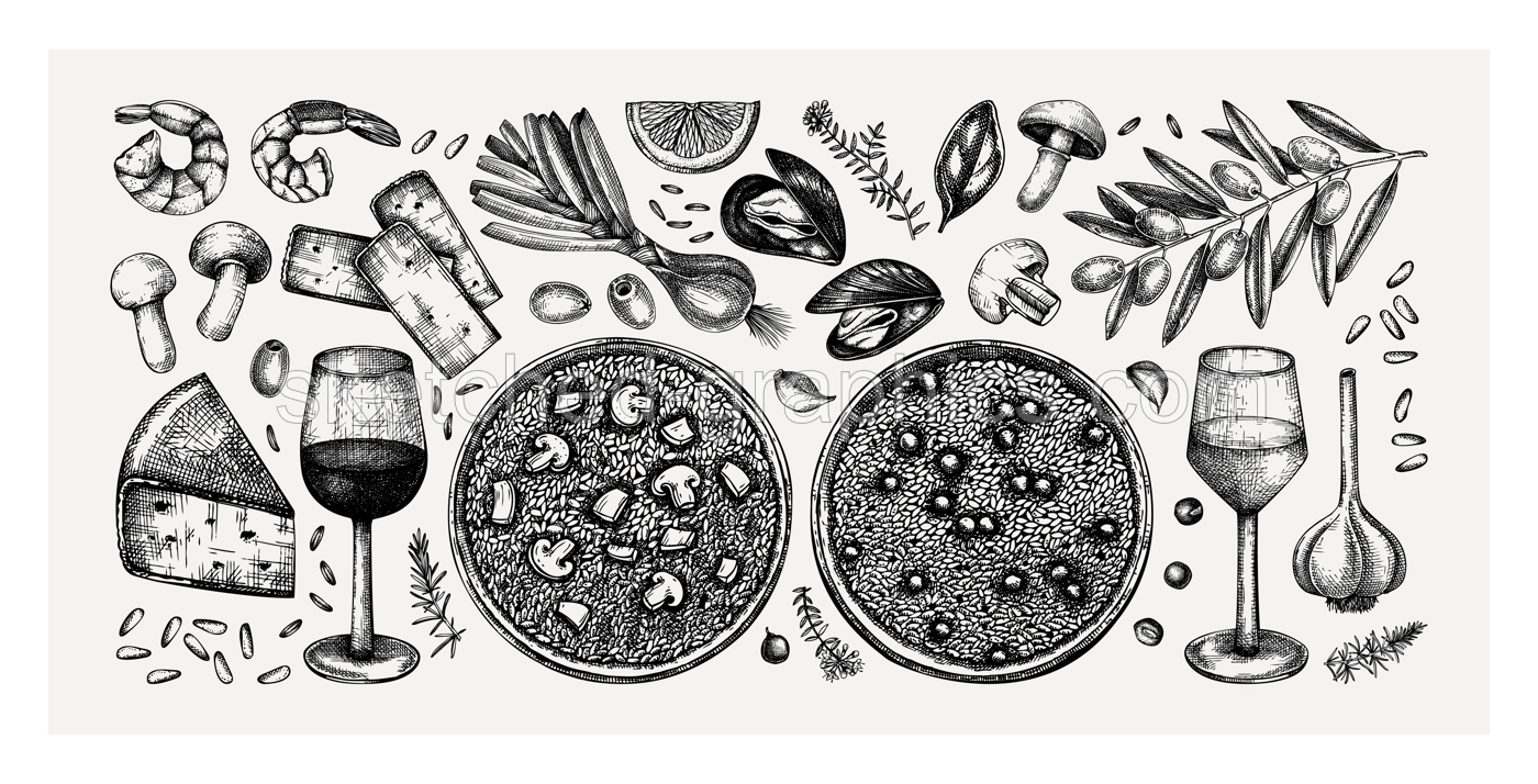 Italian risotto cooking ingredients sketches collection. Wine drawings in vintage style. Hand drawn food and drinks vector illustrations. Classical Italian cuisine design elements for restaurant menu Illustration